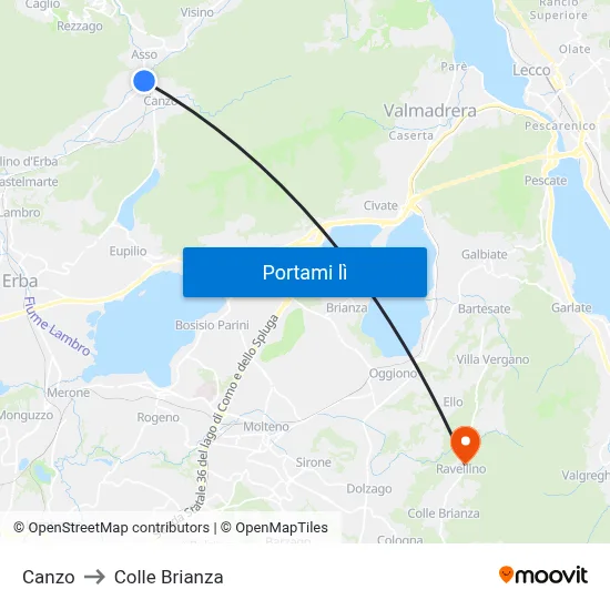 Canzo to Colle Brianza map
