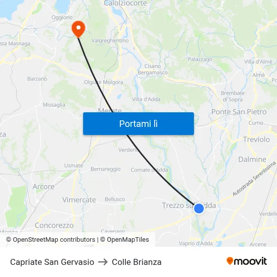 Capriate San Gervasio to Colle Brianza map
