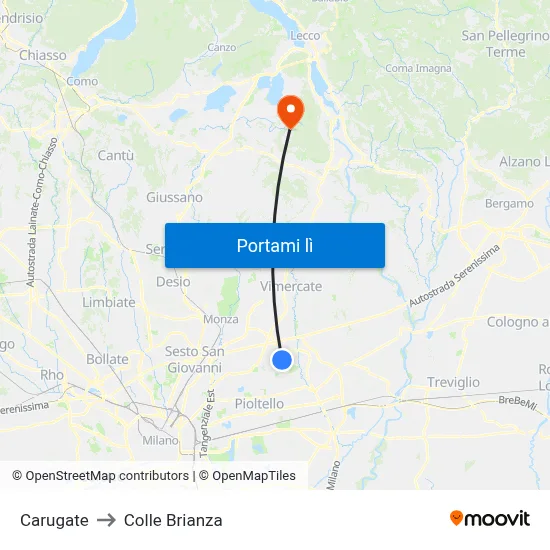 Carugate to Colle Brianza map