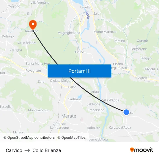 Carvico to Colle Brianza map