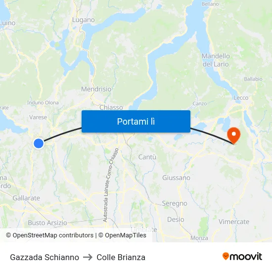 Gazzada Schianno to Colle Brianza map