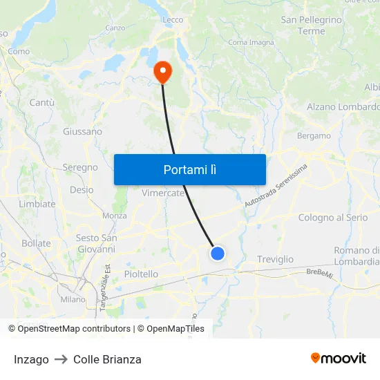 Inzago to Colle Brianza map