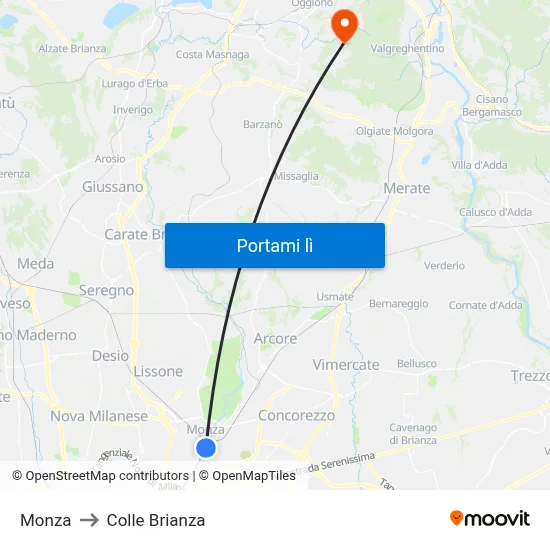 Monza to Colle Brianza map