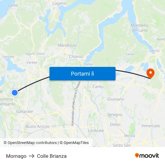 Mornago to Colle Brianza map