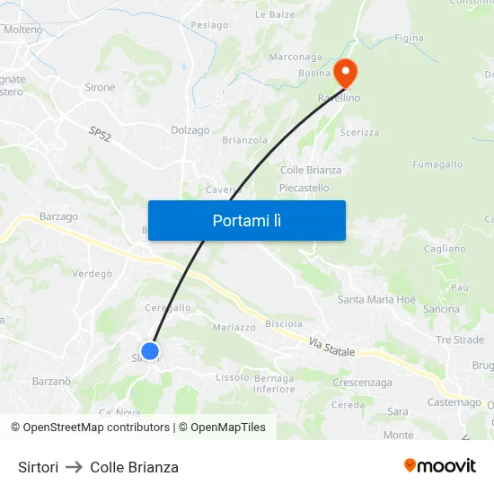 Sirtori to Colle Brianza map