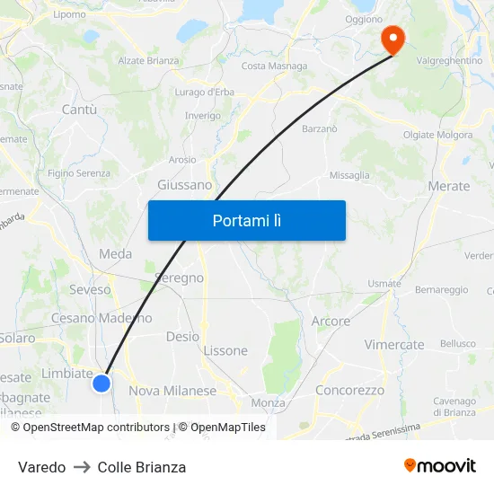 Varedo to Colle Brianza map