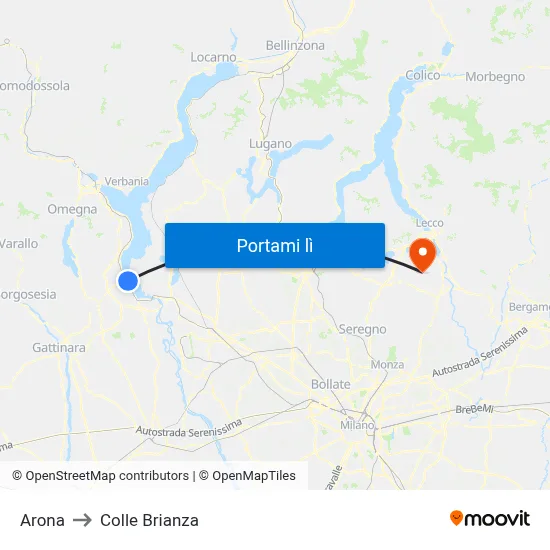 Arona to Colle Brianza map