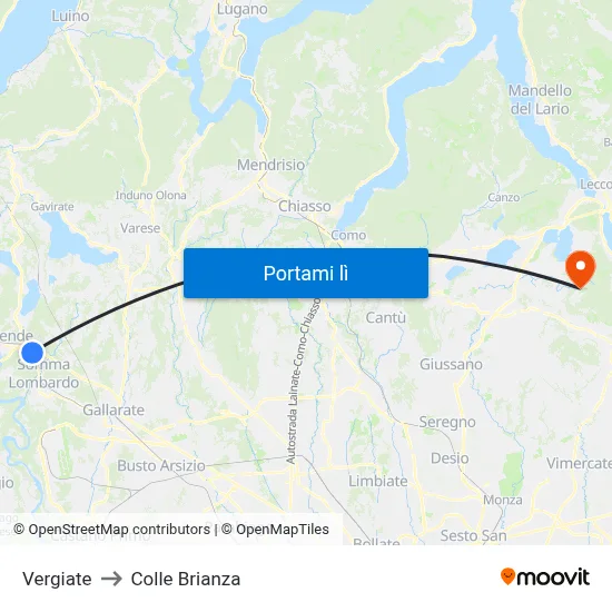 Vergiate to Colle Brianza map