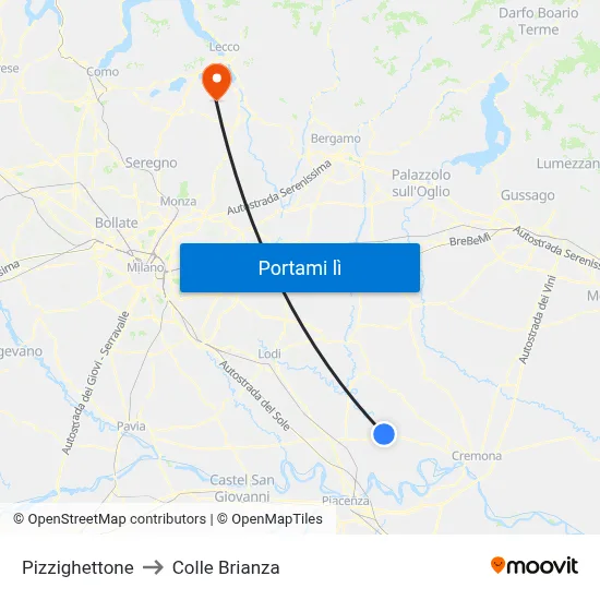 Pizzighettone to Colle Brianza map