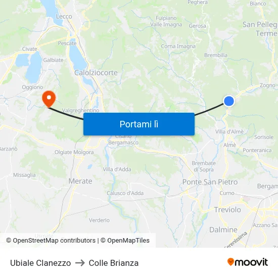 Ubiale Clanezzo to Colle Brianza map