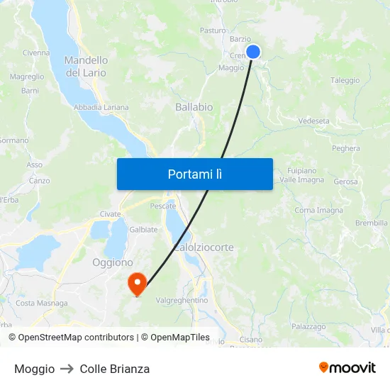 Moggio to Colle Brianza map