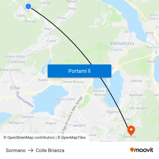 Sormano to Colle Brianza map