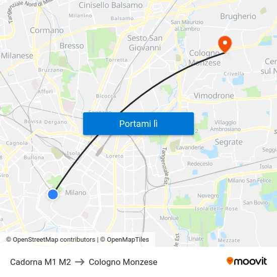 Cadorna M1 M2 to Cologno Monzese map