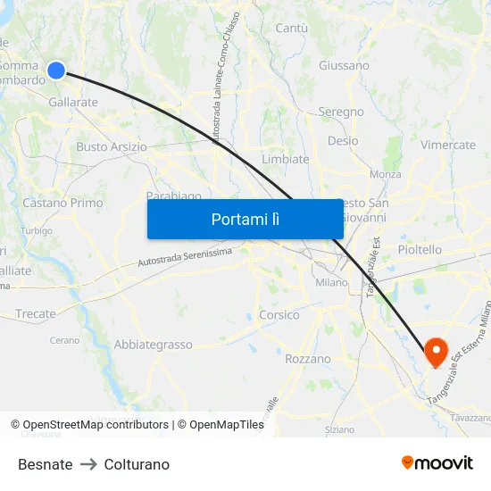 Besnate to Colturano map