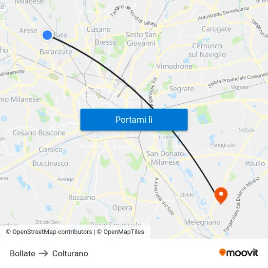 Bollate to Colturano map