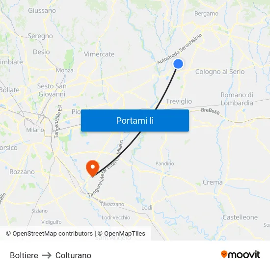 Boltiere to Colturano map