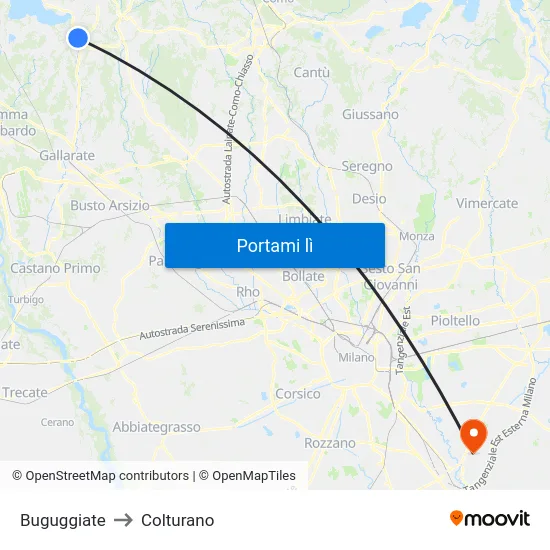 Buguggiate to Colturano map