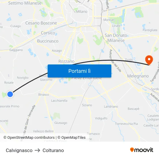 Calvignasco to Colturano map