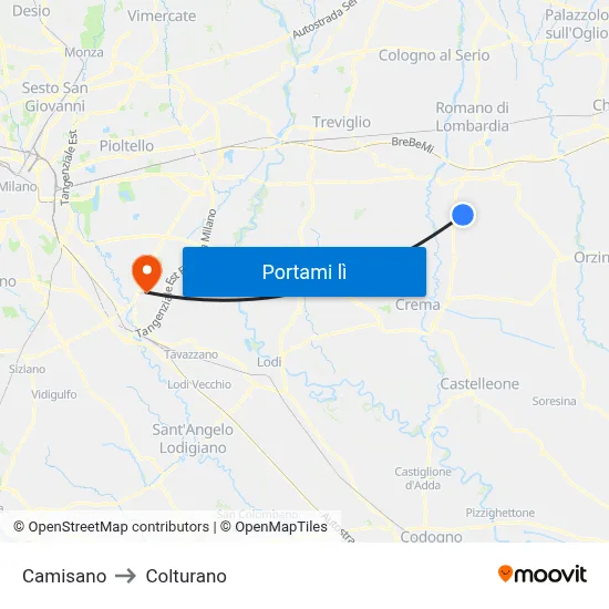 Camisano to Colturano map
