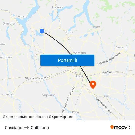 Casciago to Colturano map