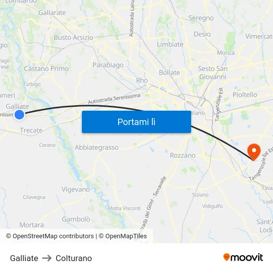 Galliate to Colturano map