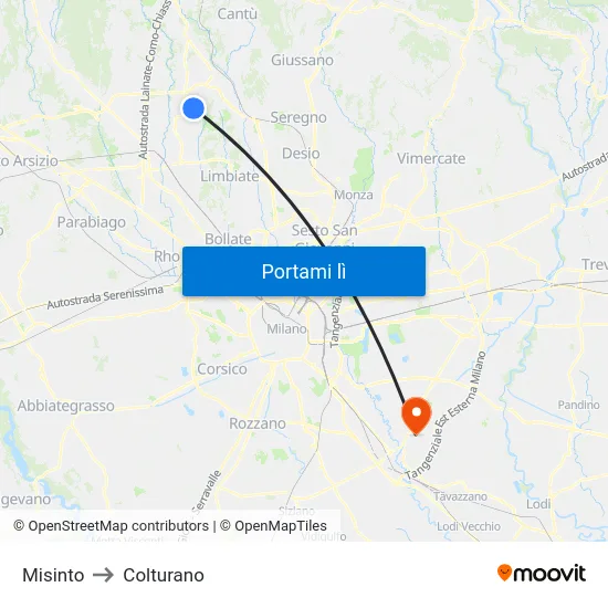 Misinto to Colturano map