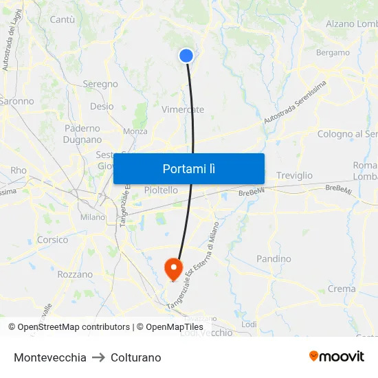 Montevecchia to Colturano map