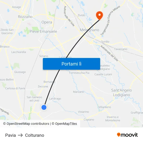 Pavia to Colturano map