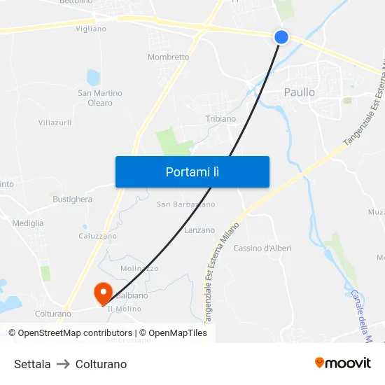 Settala to Colturano map