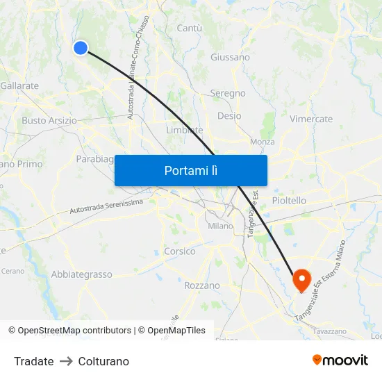 Tradate to Colturano map