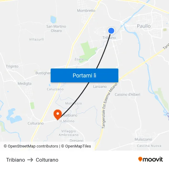 Tribiano to Colturano map