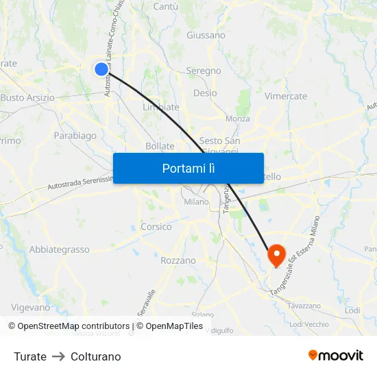 Turate to Colturano map
