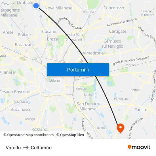 Varedo to Colturano map