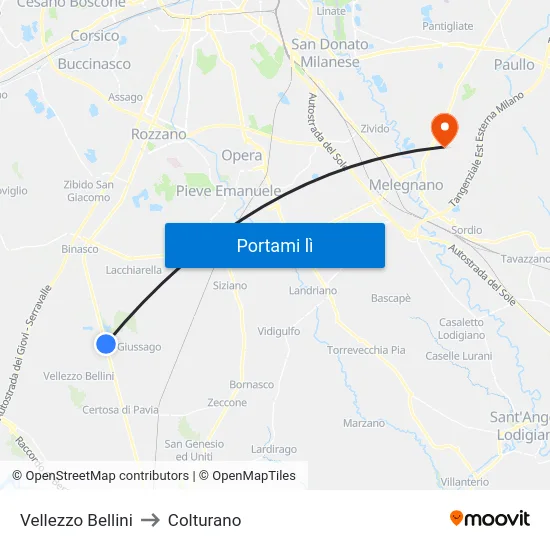 Vellezzo Bellini to Colturano map
