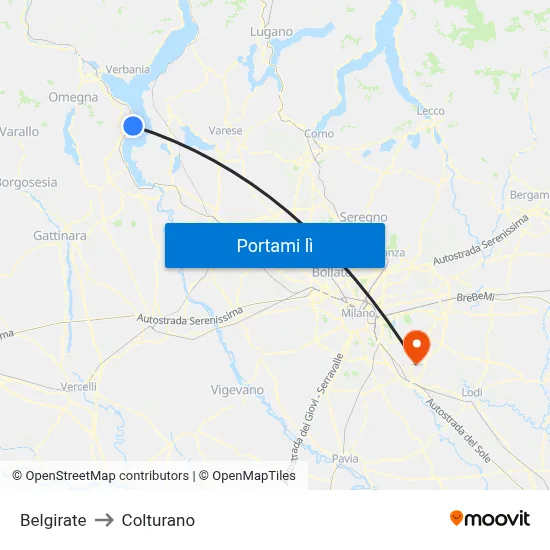 Belgirate to Colturano map