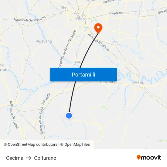 Cecima to Colturano map