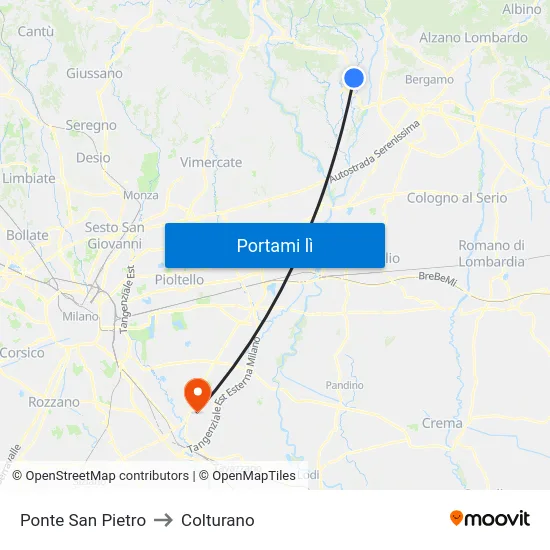 Ponte San Pietro to Colturano map