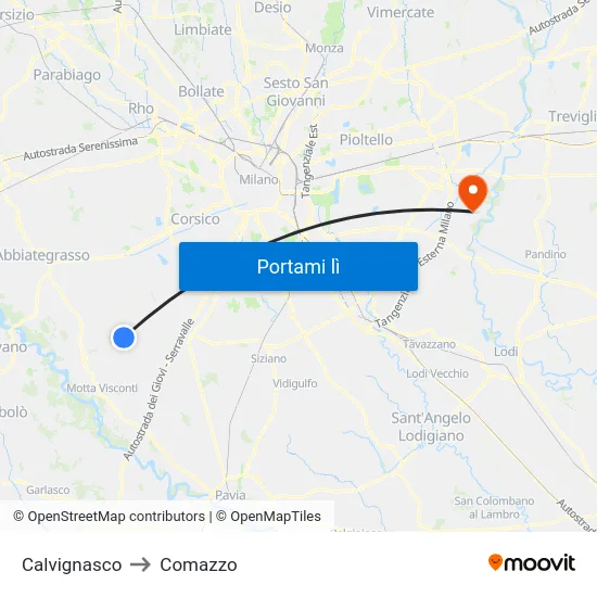 Calvignasco to Comazzo map