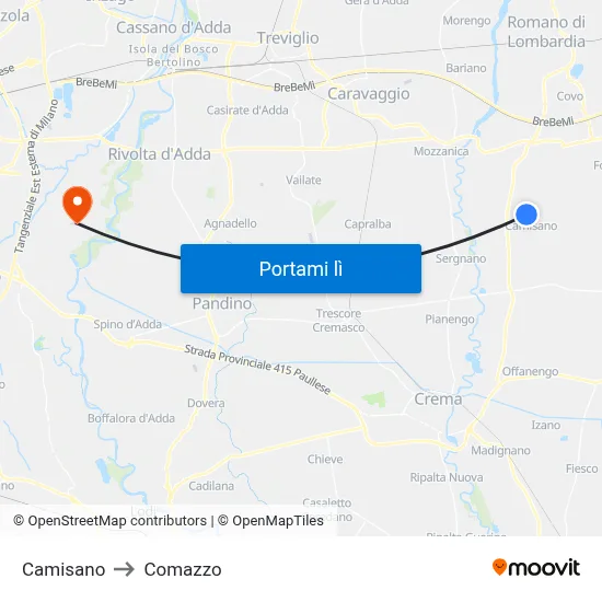 Camisano to Comazzo map