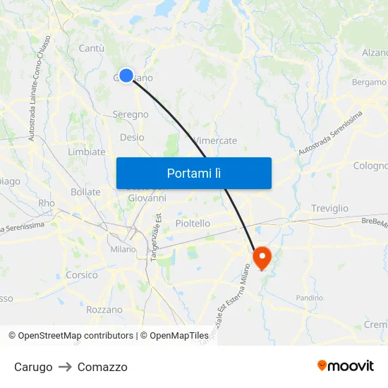 Carugo to Comazzo map