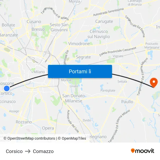 Corsico to Comazzo map