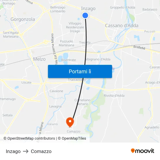 Inzago to Comazzo map