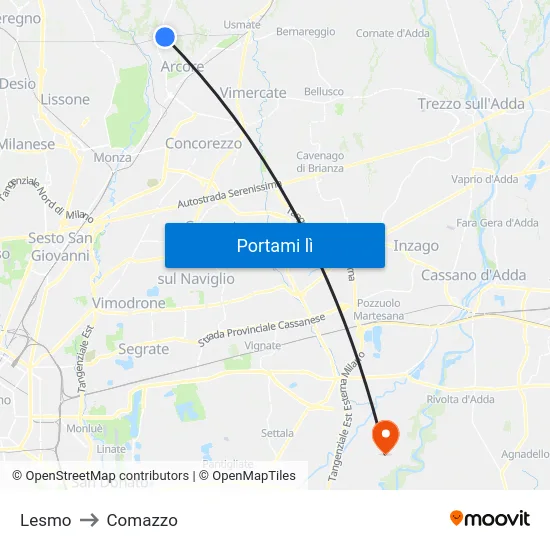 Lesmo to Comazzo map