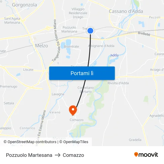 Pozzuolo Martesana to Comazzo map