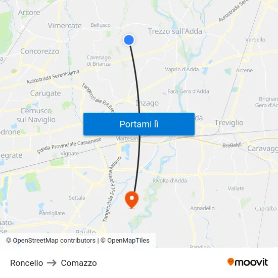 Roncello to Comazzo map