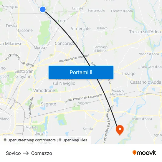 Sovico to Comazzo map