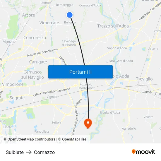 Sulbiate to Comazzo map