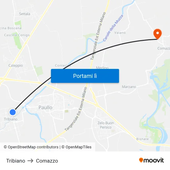 Tribiano to Comazzo map