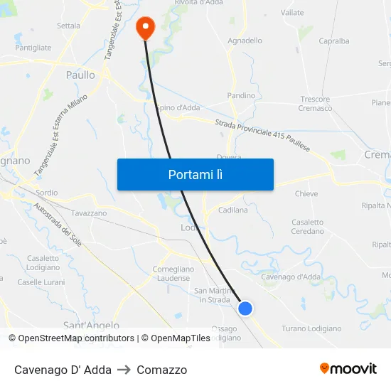 Cavenago D' Adda to Comazzo map