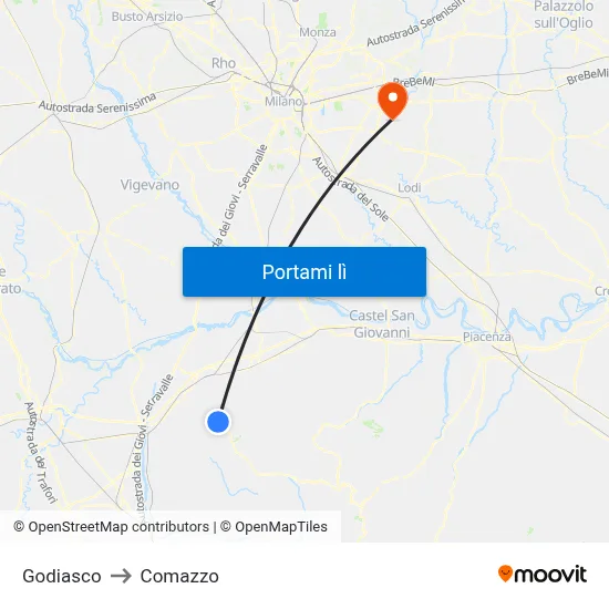 Godiasco to Comazzo map